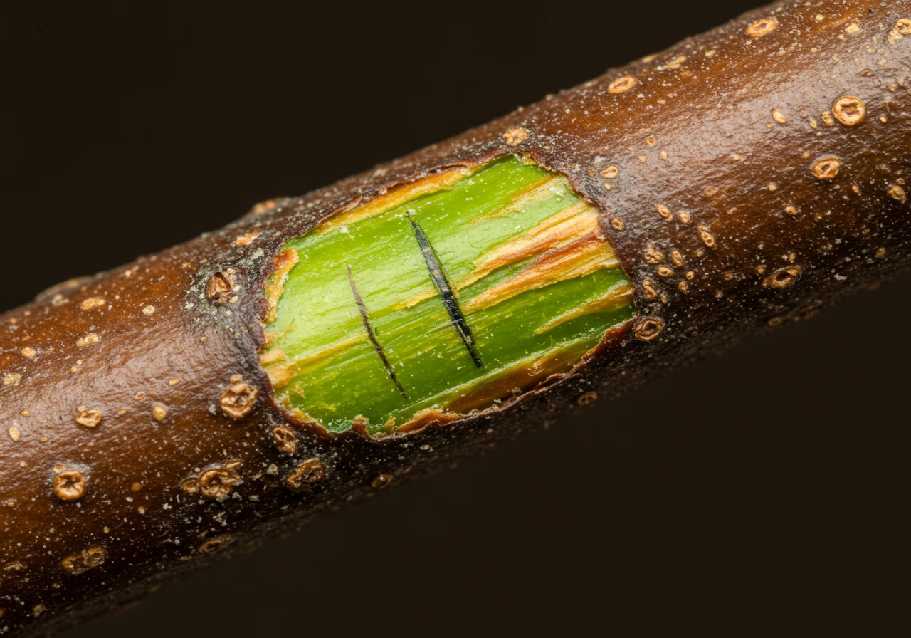 A close-up photograph demonstrating the result of a 'scratch test' on a dormant woody shrub branch. The image should focus on a small patch of bark that has been lightly scraped away, revealing a moist, bright green cambium layer underneath. This green should contrast clearly with the dull brown outer bark of the twig. No tools or hands visible, just the result.