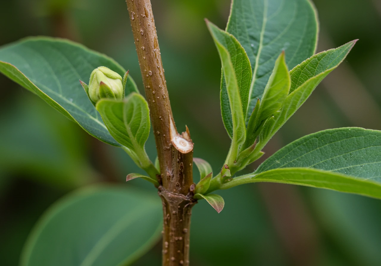 A detailed close-up shot illustrating the correct pruning technique for Weigela reblooming. The image should show a healthy green Weigela stem that has recently finished flowering (perhaps a few faded petals still visible nearby). A clean cut, made by bypass pruners (pruners not visible, just the cut), is shown about 1/4 inch above a healthy set of outward-facing leaves or a visible bud. Focus is sharp on the cut and the leaves/bud below it.