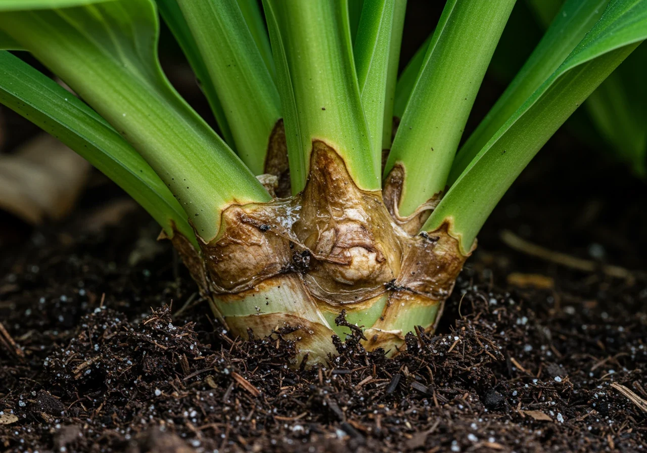 A detailed close-up photograph focusing on the crown (base) of a hosta plant clearly exhibiting symptoms of crown rot. The image should show mushy, browned, decaying tissue at the soil line where the petioles emerge, contrasting sharply with any remaining healthy green leaf stems. No full plant view, just the affected crown area.