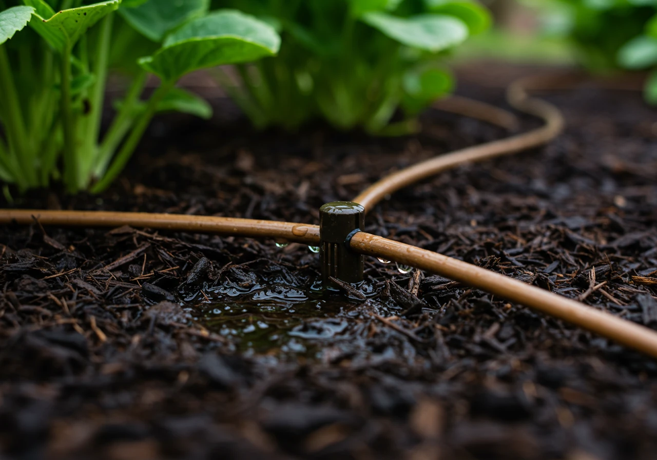 A close-up, detailed photograph of a drip irrigation system installed in a garden bed. Show the brown or black drip tubing weaving around the base of healthy perennials (like coneflowers or salvia), with visible emitters releasing small amounts of water, creating damp spots directly on the mulched soil near the plant roots. Focus on the precision of the water delivery.