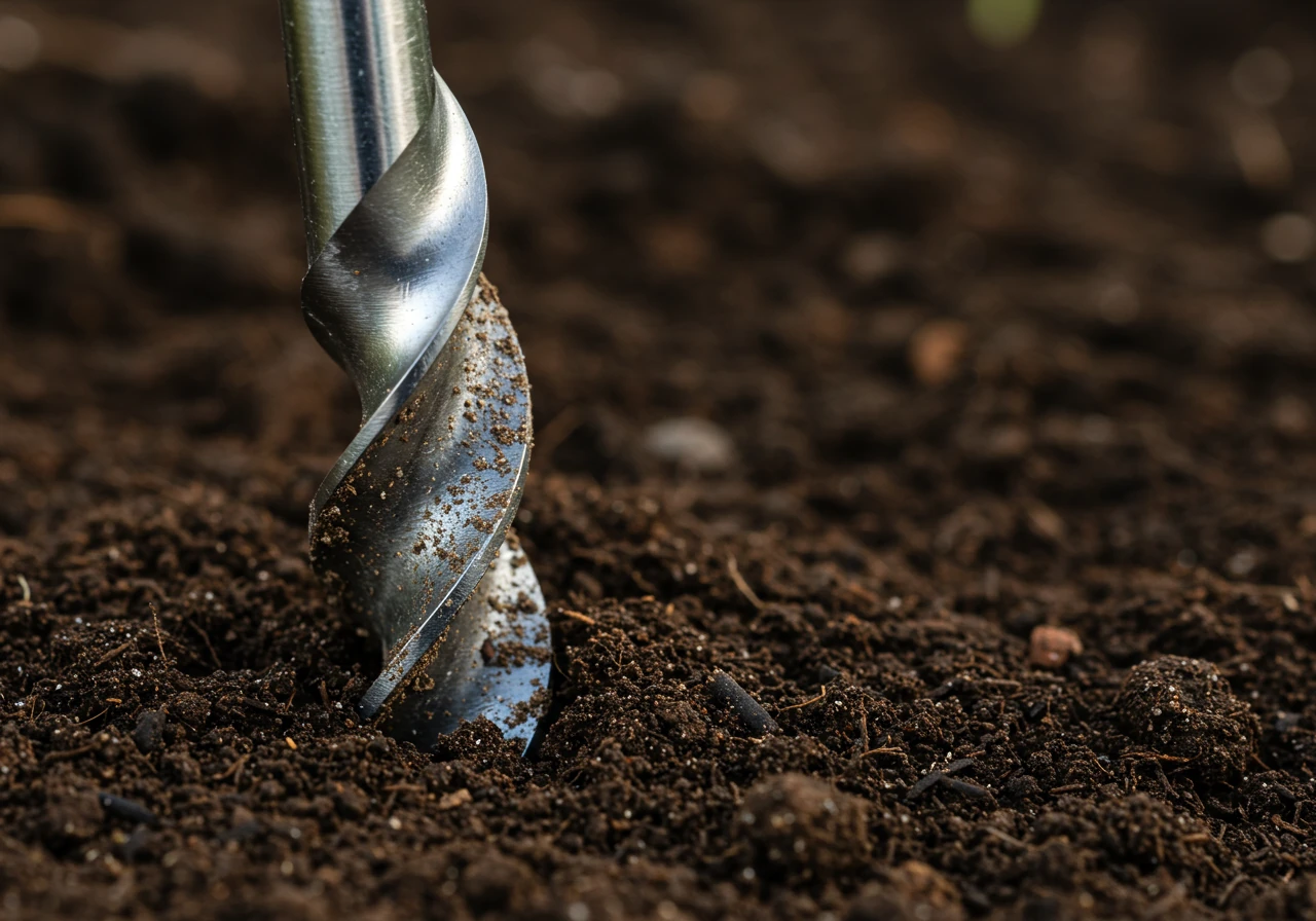 Close-up, low-angle shot focusing on the tip of a metal T-handle core sampler soil probe actively being pushed into dark, loamy garden soil. The probe should be partially inserted, with emphasis on the interaction between the tool and the earth, perhaps with a few displaced soil crumbs around the entry point. No hands visible.