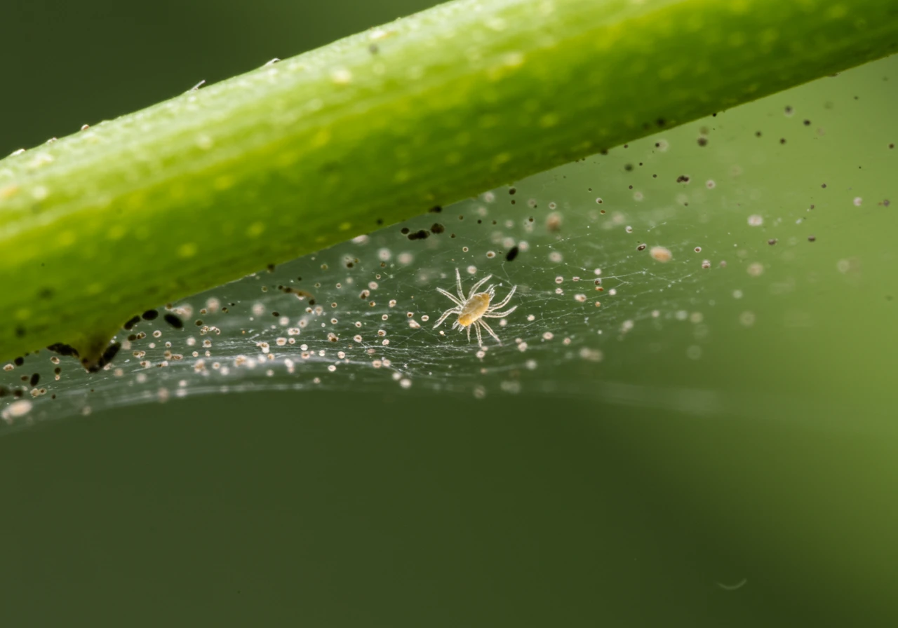 A close-up, macro view of a plant leaf showing the fine, silky webbing characteristic of a spider mite infestation, perhaps between leaves or where a leaf meets the stem.