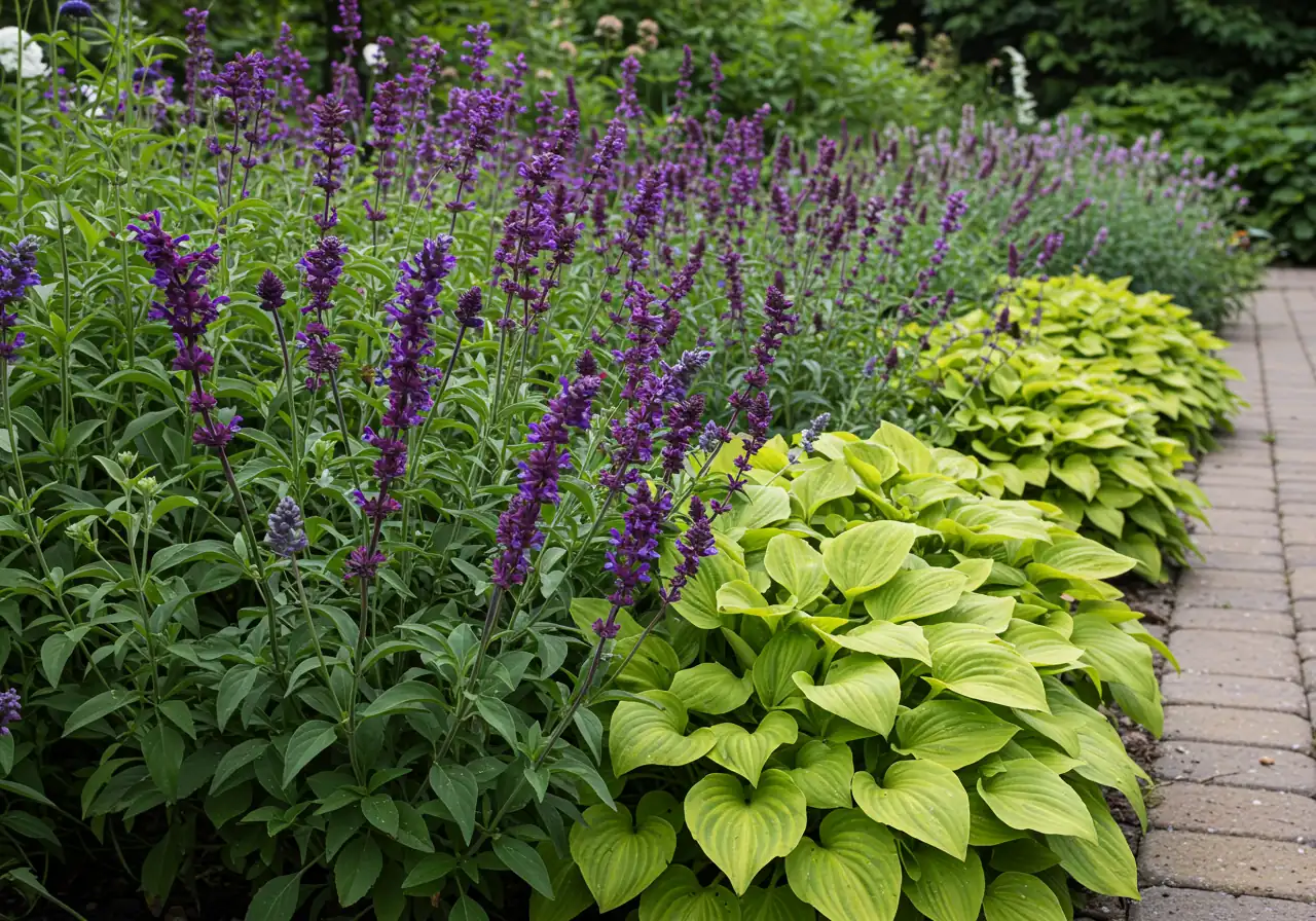 A vibrant flower bed showcasing contrasting plant forms and colours. For example, tall, spiky purple salvia next to mounding, chartreuse green hostas or coral bells, demonstrating effective use of visual elements discussed in the section.