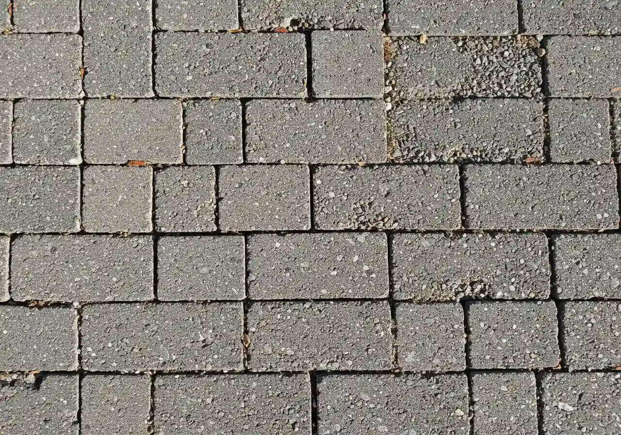 A close-up, top-down view of permeable pavers installed on a patio. The image should clearly show the design features that allow water permeability – either larger spacing between pavers filled with small aggregate, or the visibly porous structure of the paver material itself. The focus is on illustrating how these pavers differ from standard ones.