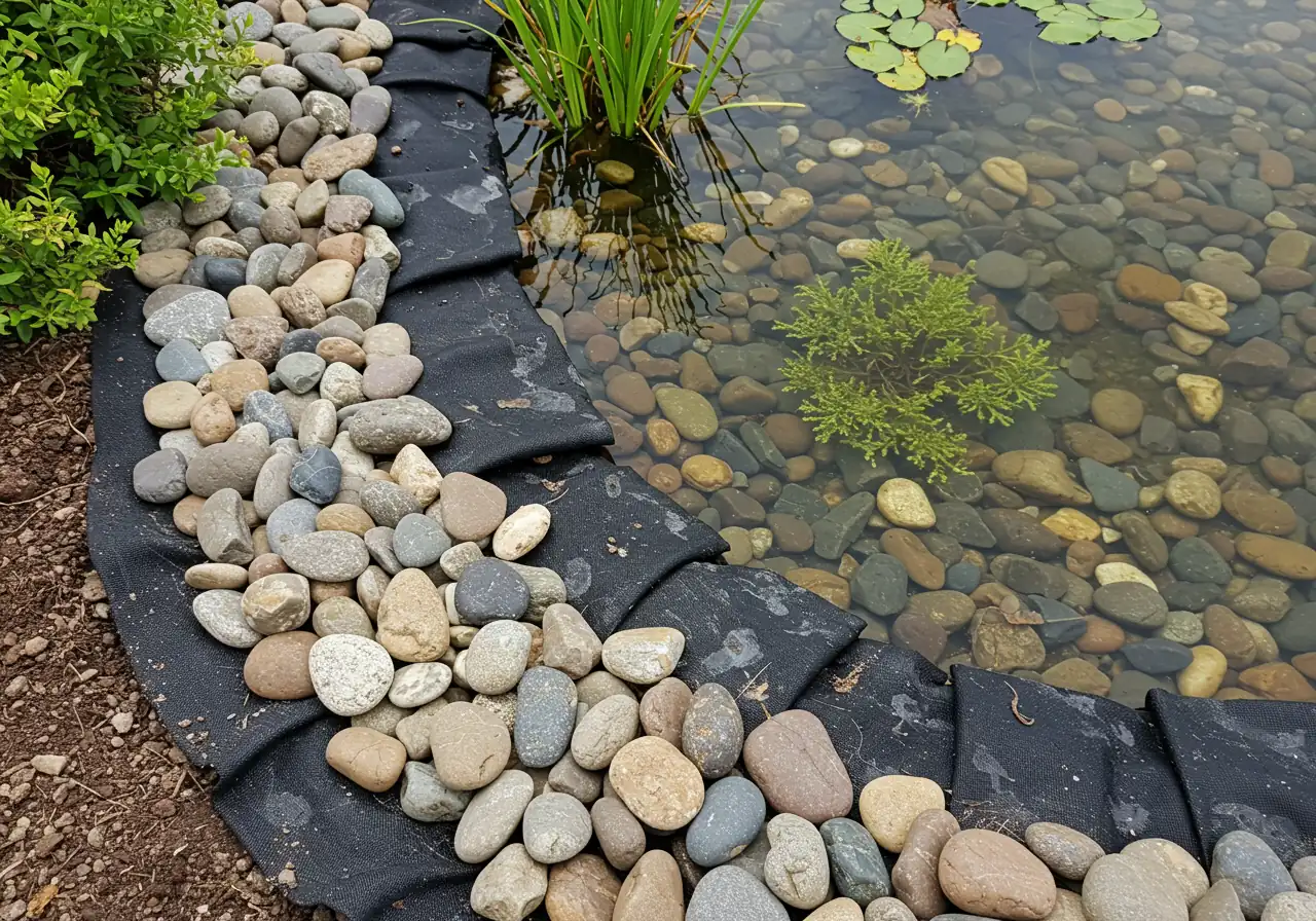 A visually appealing close-up of a well-constructed pond edge. Smooth, rounded river stones and small boulders of various natural tones are carefully arranged to completely cover and protect the edge of the black pond liner where it meets the surrounding garden soil. Lush green marginal aquatic plant leaves (like reeds or iris) emerge from the water just behind the stones, adding to the natural look and providing shade.