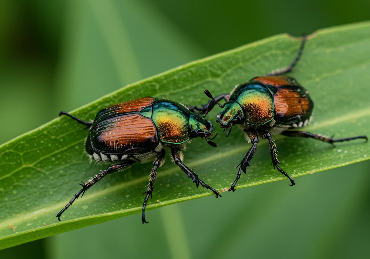 A clear, close-up photograph capturing two or three metallic green and copper Japanese beetles actively feeding on a green plant leaf (like a rose or bean leaf), showing characteristic skeletonizing damage. Illustrates a common Ottawa summer pest to look for during scans.