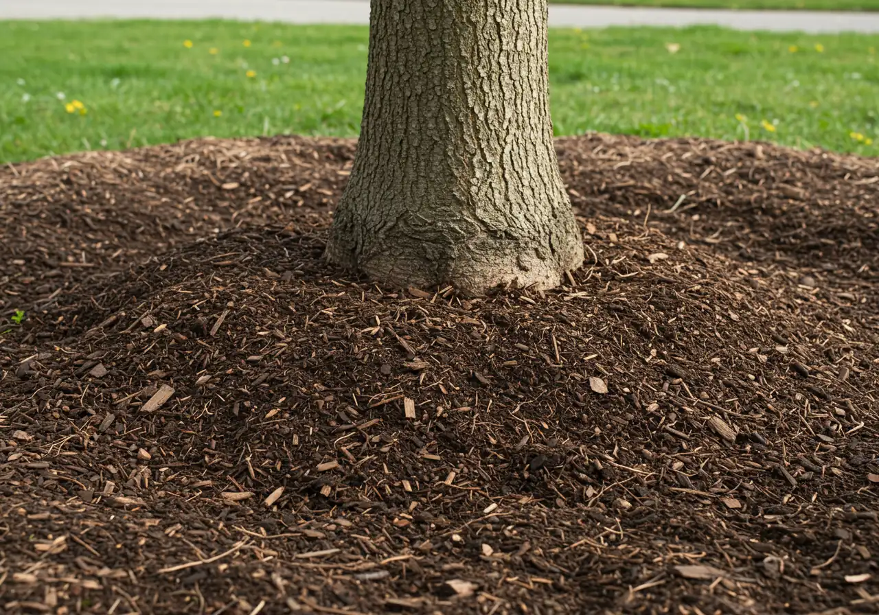 A ground-level close-up photograph focused sharply on the base of a young tree trunk. A thick layer, at least 4-5 inches deep, of dark brown wood chip mulch is piled up steeply against the trunk in a distinct cone or 'volcano' shape, completely covering the trunk base and where the root flare should be visible.