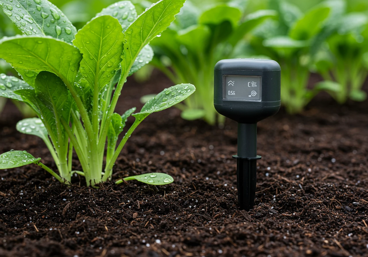 A close-up view of a small, sleek smart garden sensor spike inserted into dark, moist garden soil near the base of a healthy green leafy plant. The focus is on the sensor integrating naturally into the garden bed environment.