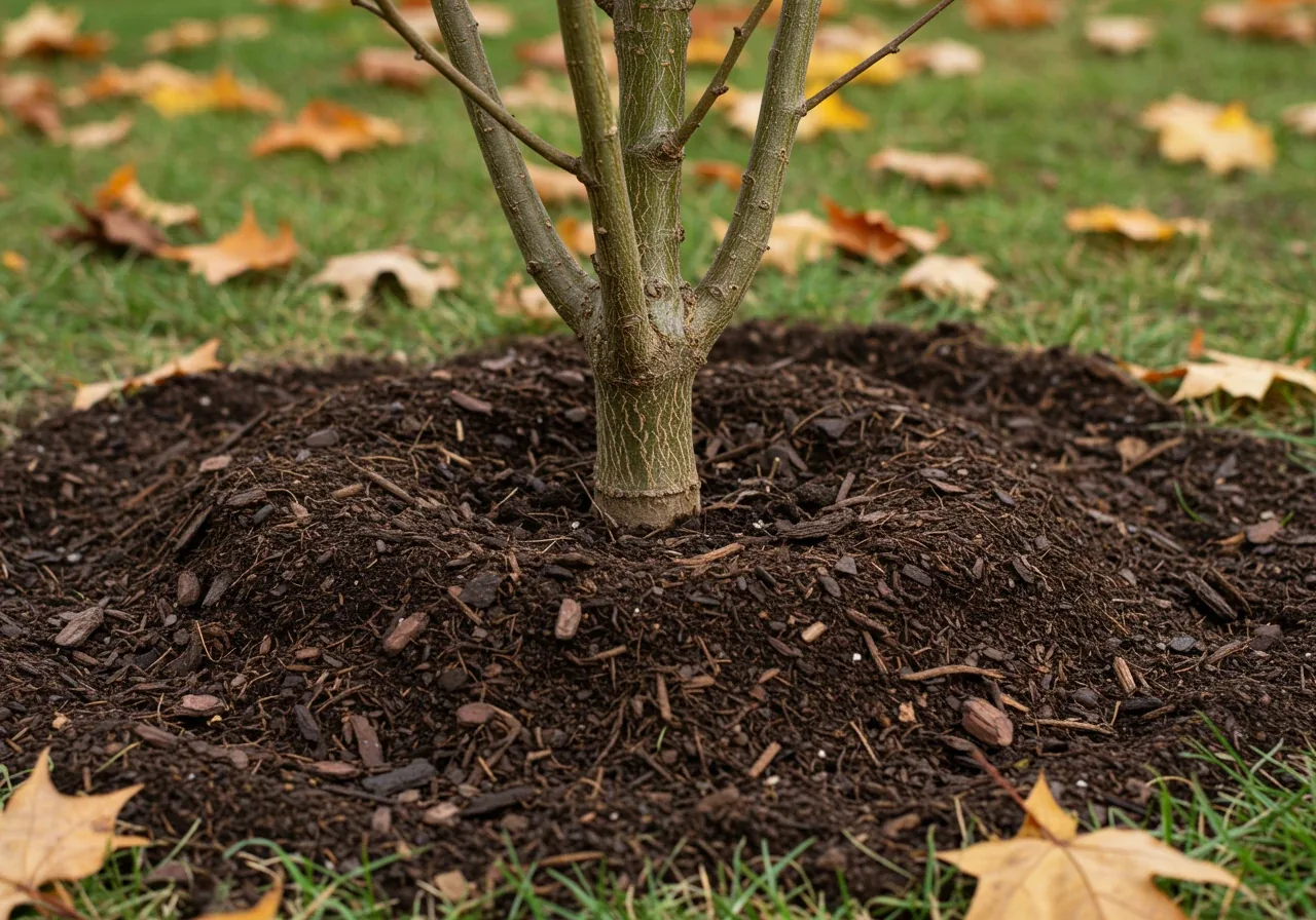 A clear, close-up photograph demonstrating the correct 'doughnut' method of applying mulch around the base of a young shrub. The image shows a 2-4 inch layer of dark brown shredded bark mulch spread in a circle over the root zone, but pulled back about 2 inches from the plant's main stem, leaving the soil near the stem visible. The scene is set in late autumn with some fallen leaves on the ground around the mulched area, emphasizing the seasonal context.