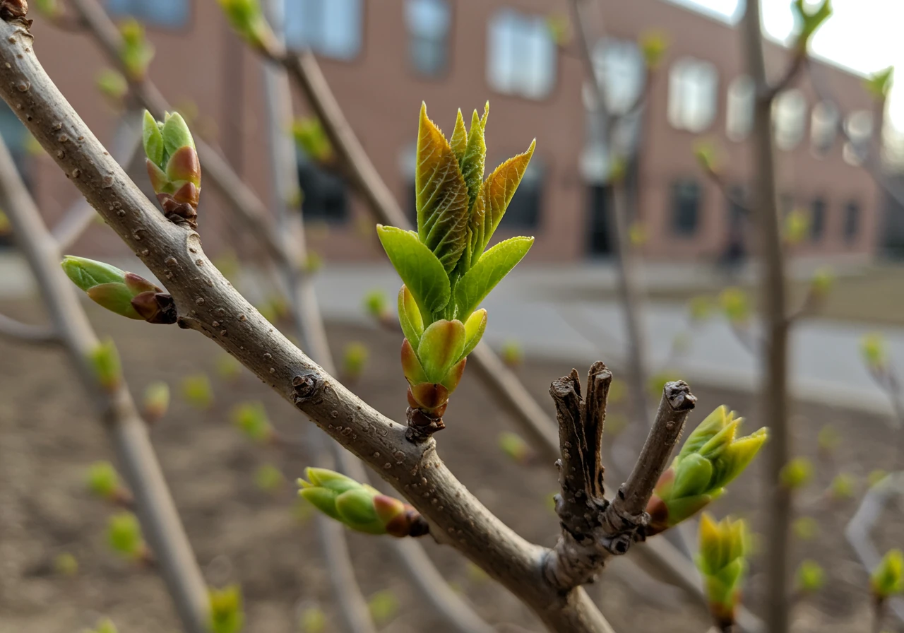 A close-up photograph showing minor but visible winter damage on a shrub in early spring. Focus on a few brown, dead tips or cracked branches on an otherwise resilient-looking evergreen or deciduous shrub, with perhaps some new buds starting to swell nearby, illustrating the need for early inspection and intervention.
