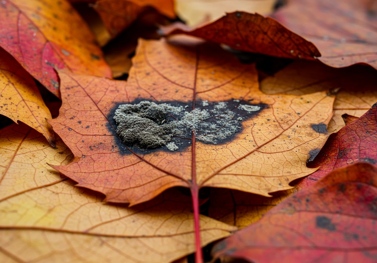Close-up photograph of fallen autumn leaves (e.g., maple or rose leaves) lying on the ground, clearly showing signs of fungal disease like black spot or powdery mildew residue. Some leaves are brown and decaying, emphasizing the overwintering nature of the disease in debris. Soft, overcast fall lighting.