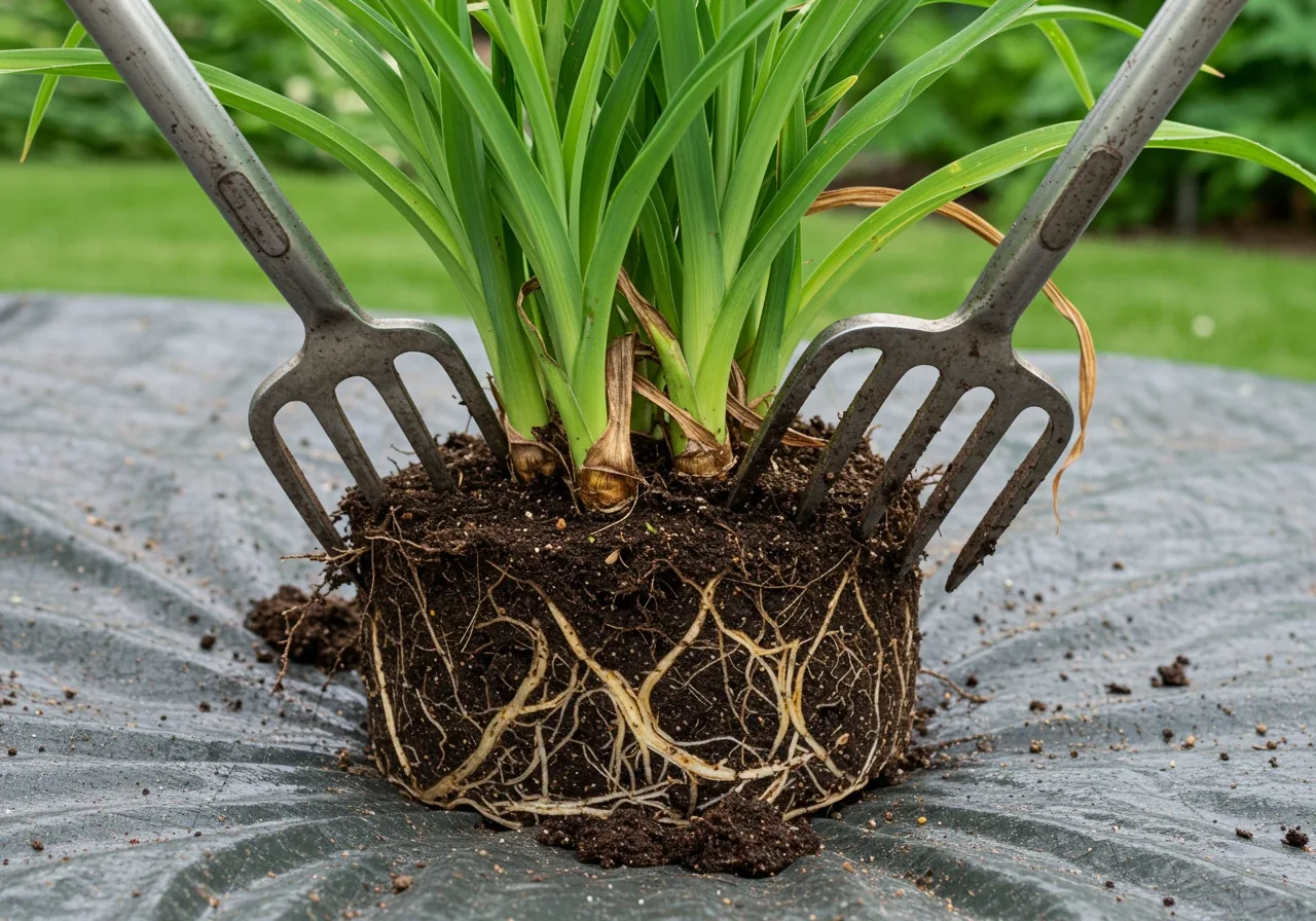 Two garden forks inserted back-to-back into a Hosta clump to pry it apart.