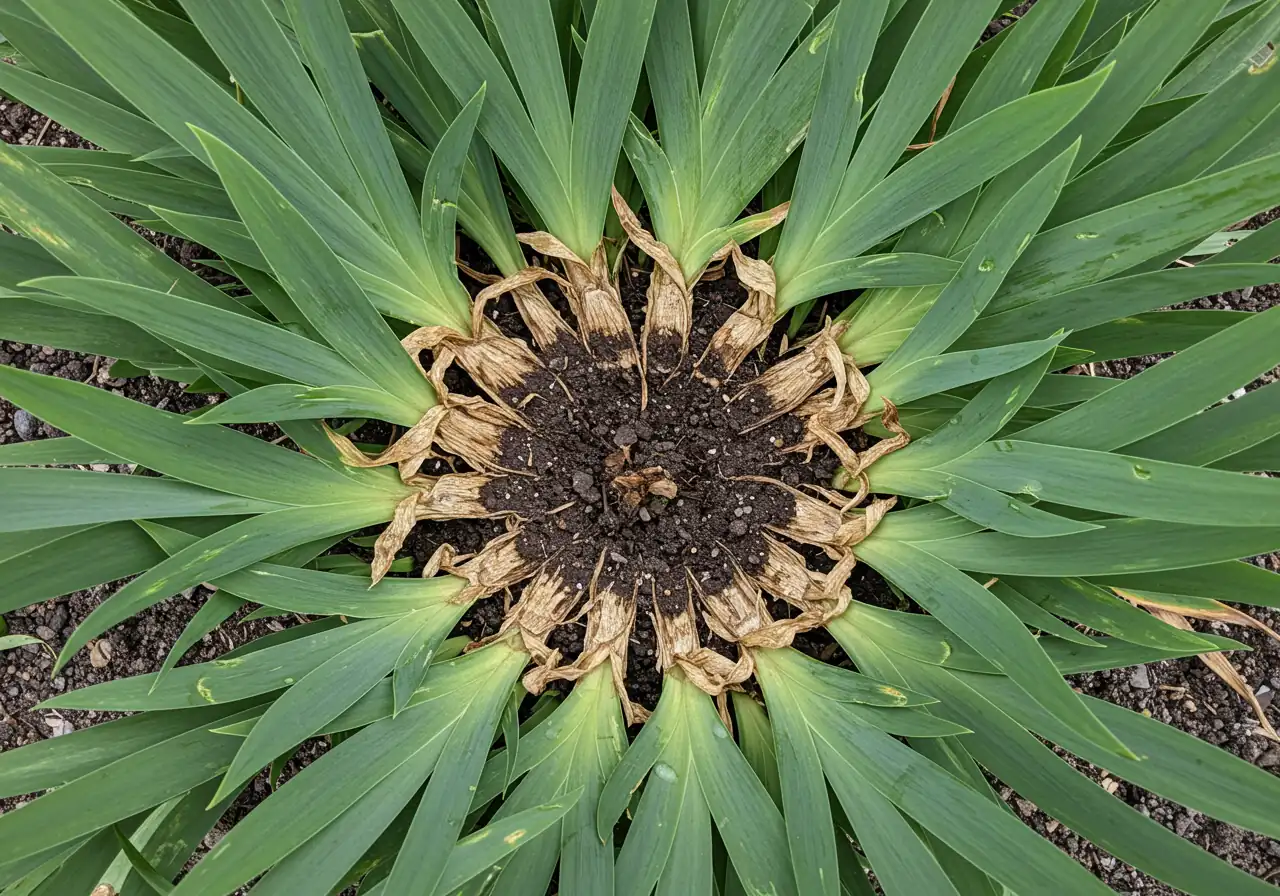 A close-up photograph focusing on an overgrown bearded iris clump clearly showing the 'doughnut effect'. The outer ring of the clump has relatively healthy green foliage, while the center is visibly sparse, brown, possibly with dead, woody rhizome sections exposed. The surrounding soil is visible in the bare center. Morning light.