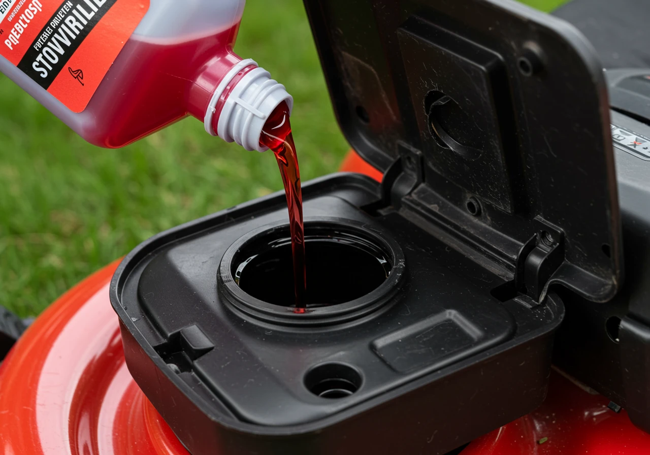 A close-up shot looking down into the open fuel tank of a clean, modern lawn mower. A stream of reddish-colored fuel stabilizer liquid is being poured from the spout of a generic, unlabeled plastic bottle into the gasoline inside the tank. The focus is sharp on the liquid stream and the opening of the tank, with the rest of the mower slightly blurred.