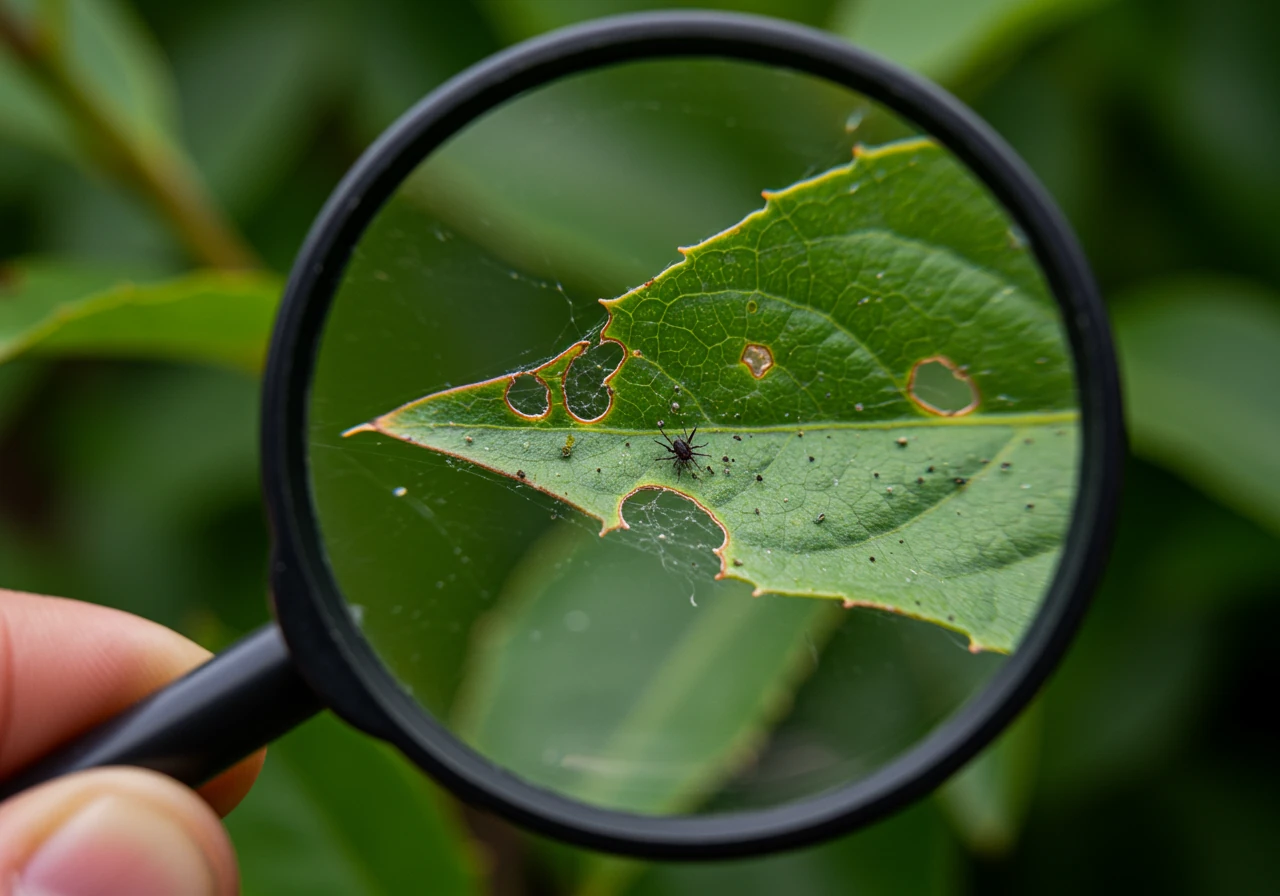 An image symbolizing the close observation aspect central to IPM record-keeping. A classic-style metal or wooden magnifying glass is held over a plant leaf (e.g., a hosta leaf or tomato leaf), bringing tiny details like spider mites, mite webbing, or the very early signs of powdery mildew into sharp focus through the lens. The surrounding leaf and garden background are slightly blurred.