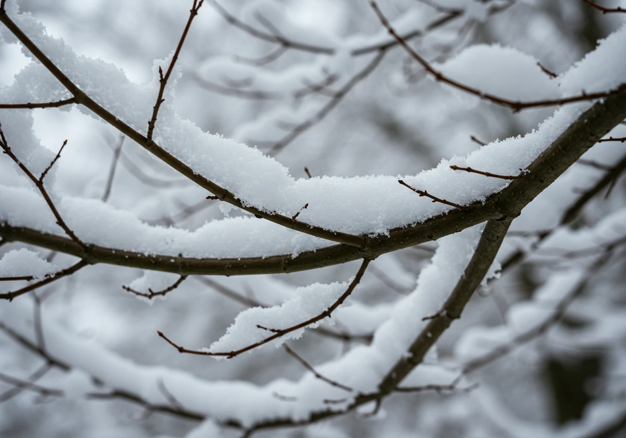 Close-up image focusing on a section of a Japanese Maple branch lightly laden with wet snow, illustrating the potential weight stress. The image should highlight the branch structure, perhaps showing a slightly awkward angle or V-crotch, hinting at vulnerability without depicting actual breakage. The focus is on the interaction between snow weight and branch form relevant to Ottawa winters.