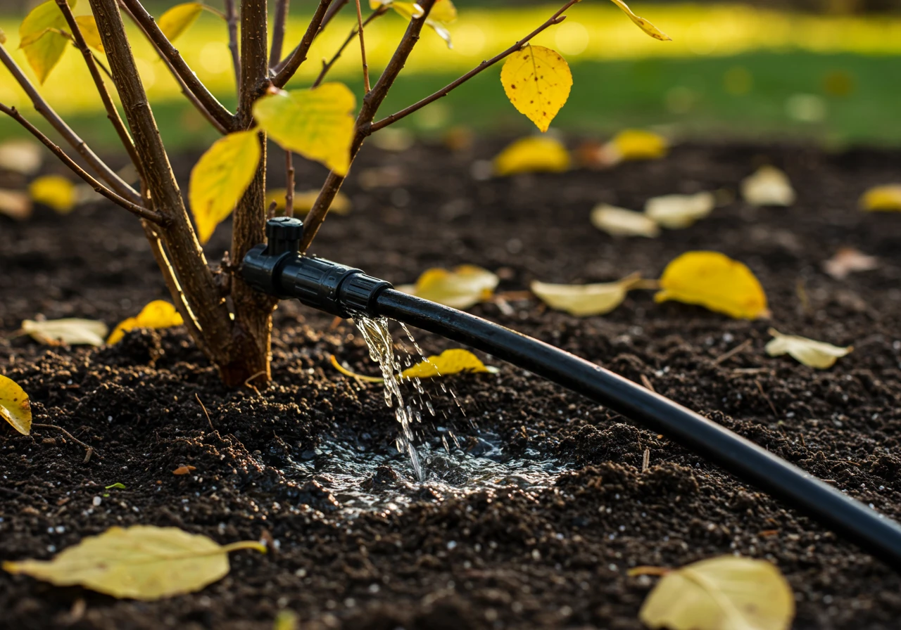 A close-up shot focusing on a soaker hose coiled around the base of a newly planted deciduous shrub with some remaining yellow fall leaves. The soil around the hose should look dark and moist, indicating deep watering. The background shows soft, late afternoon autumn light and possibly some fallen leaves on the surrounding ground. Focus on the water delivery method at the root zone.