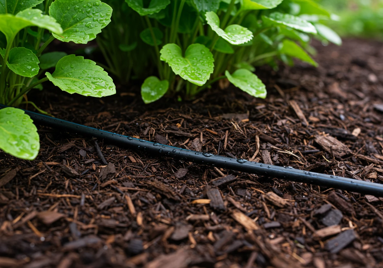 An image demonstrating efficient watering, focusing on a soaker hose laid on top of dark, mulched soil at the base of healthy green garden plants. The hose should be visibly weeping water slowly and directly into the soil/mulch around the root zone, illustrating the concept of deep, targeted watering without wetting foliage. Capture the texture of the mulch and the moist soil near the hose.