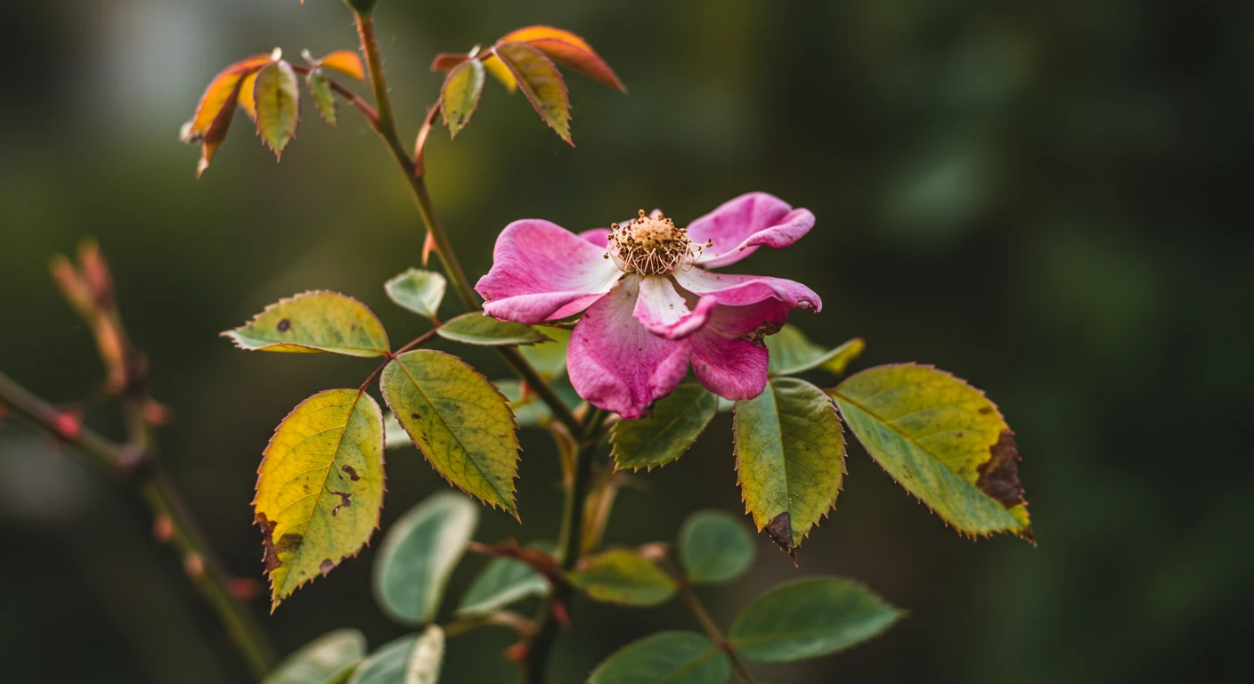 A close-up photograph focusing on a single, once-beautiful rose bush now showing signs of distress. Its leaves are slightly yellowed and drooping, and a few flower heads are wilted. The background shows a pleasant but non-specific Vernon/Ottawa suburban garden setting, slightly out of focus. The lighting should be soft morning light, highlighting the plant's unhealthy state without being overly dramatic.