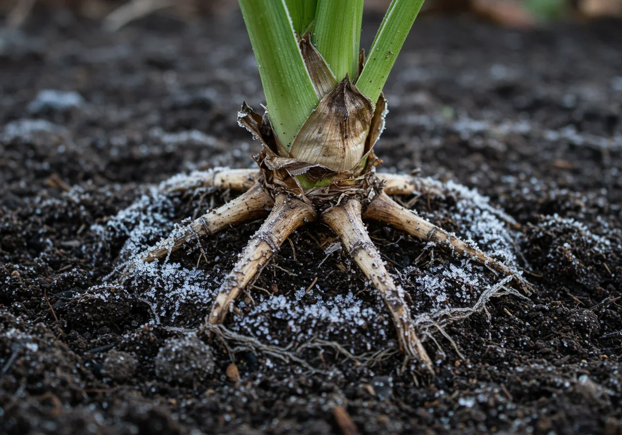 A clear photograph illustrating frost heave. It should show a dormant perennial plant (like a Hosta or Heuchera base) that has been visibly pushed upwards out of the garden soil by freeze-thaw cycles. Some shallow roots should be exposed at the base, sitting awkwardly on top of the damp, dark earth. The surrounding soil might show some cracking or unevenness from the frost action.