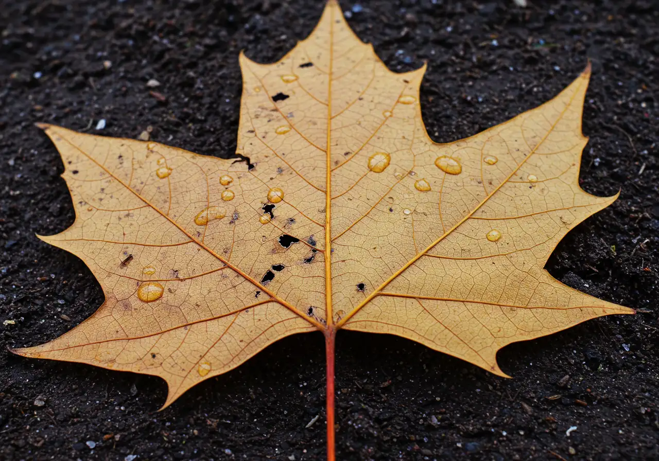 A close-up, detailed photograph of a fallen autumn leaf (perhaps maple or oak) lying on dark, damp soil. The leaf shows distinct signs of insect damage, such as skeletonization (lacy pattern from feeding) or significant chew holes, illustrating the type of evidence found during cleanup.