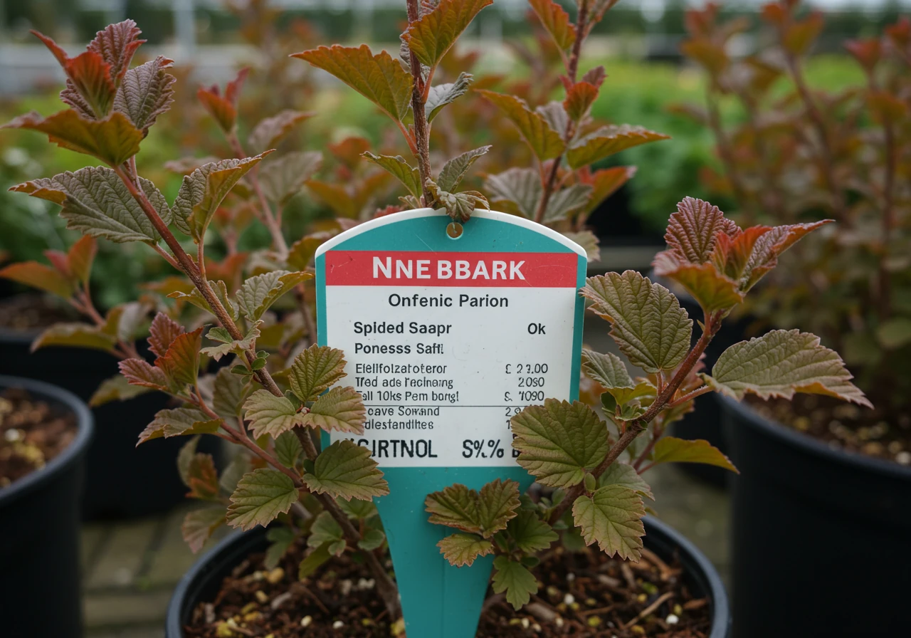A close-up image focusing on a plant tag attached to a healthy-looking medium-sized shrub (e.g., a Weigela or Ninebark) in a nursery pot or garden setting. The tag should be generic (no readable text), but clearly visible, emphasizing its importance. The plant itself should look vibrant, subtly hinting at the potential for growth mentioned on the tag.