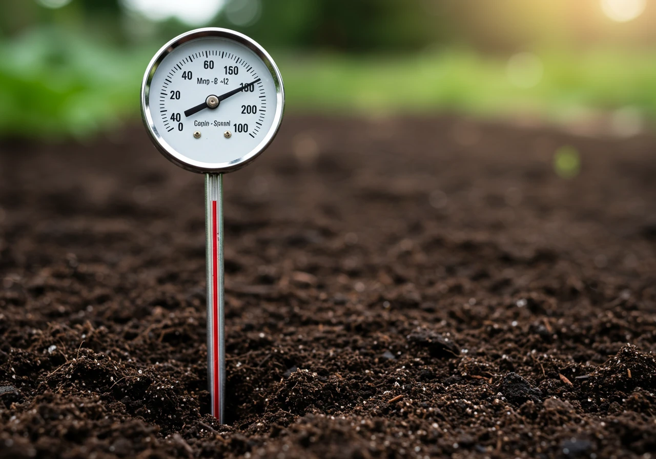 A detailed close-up shot showing the metal probe of a dial-style soil thermometer inserted about 4 inches deep into rich, dark, crumbly garden soil. The focus is sharp on the thermometer probe and the surrounding soil texture. The dial face of the thermometer is slightly out of focus in the background or angled away, emphasizing the act of measuring within the soil itself, not the reading. No hands are visible.