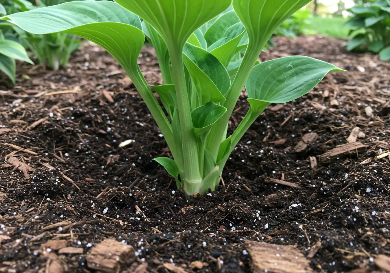 A close-up view focusing on a newly planted hosta division in amended garden soil. The image should clearly show the hosta crown positioned correctly at the soil level (not buried too deep), with dark, rich compost mixed into the surrounding soil. A layer of natural wood chip mulch is visible around the plant, but pulled back slightly from the immediate crown.