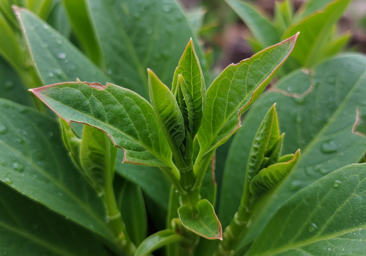 A close-up image of a perennial plant (like a hosta or rudbeckia) showing signs of recovery after beetle damage and pruning. Some older leaves might show minor chew marks, but the focus is on healthy, vibrant new leaves emerging from the center of the plant. A few cleanly cut stems where heavily damaged leaves were removed could be subtly visible. The overall impression should be resilience and new growth.