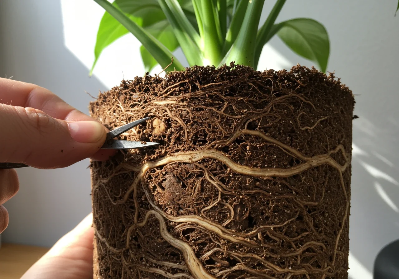 A close-up image illustrating Step 5: Loosening the roots. The plant's root ball after initial pruning, with the outer layer of roots gently teased apart.