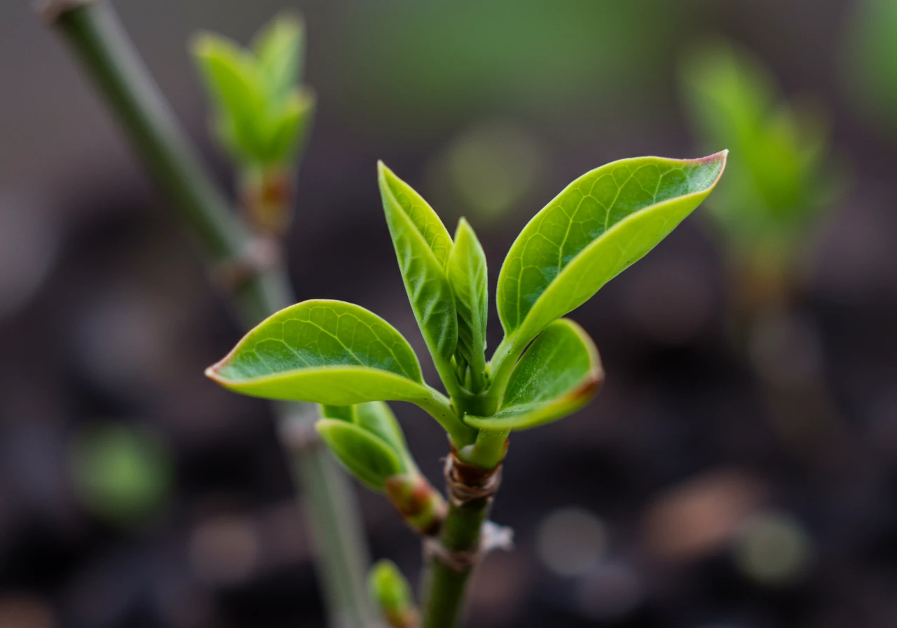 A hopeful image focusing on a recovering plant. Show a close-up of a plant stem or base where older leaves might still show some residual brown tips or have been carefully pruned off, but vibrant, small, new green leaves or shoots are clearly emerging. The focus is on the new growth signifying recovery. The plant could be in a pot or garden bed with healthy-looking soil.