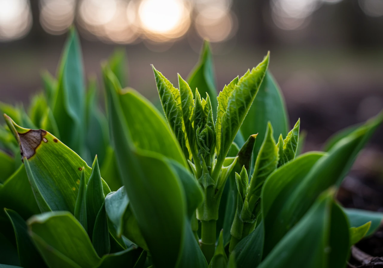 A hopeful image showing a recovering perennial plant several weeks after a storm. It should display some older, slightly tattered leaves alongside fresh, healthy new green growth emerging from the center or base, signifying successful recovery and resilience.