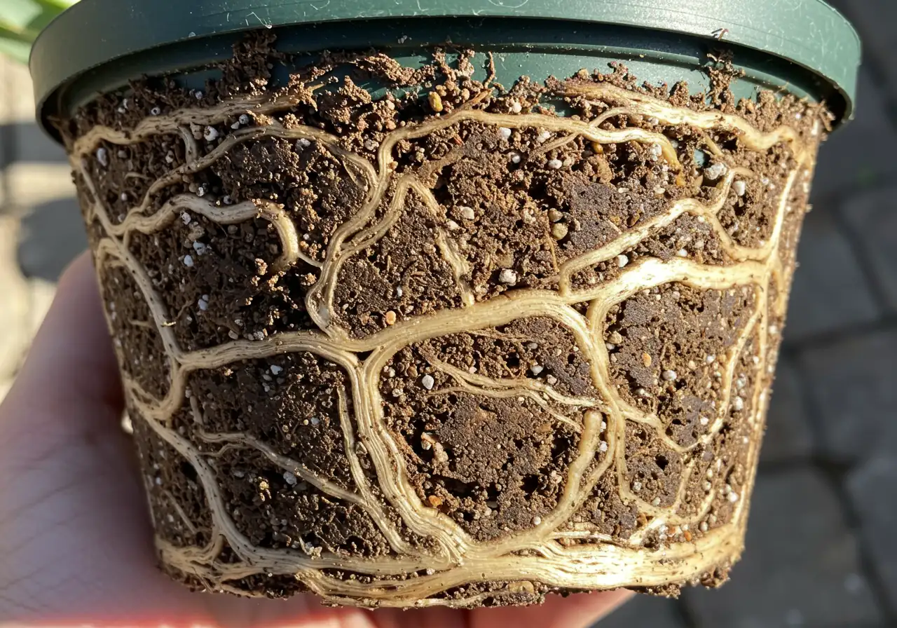A dramatic close-up photograph showcasing a severely pot-bound plant that has been carefully removed from its container. The image should clearly show the dense, tangled mass of white and tan roots tightly circling the exact shape of the pot, with very little soil visible between the roots. The focus is entirely on the congested root ball, highlighting the lack of space.