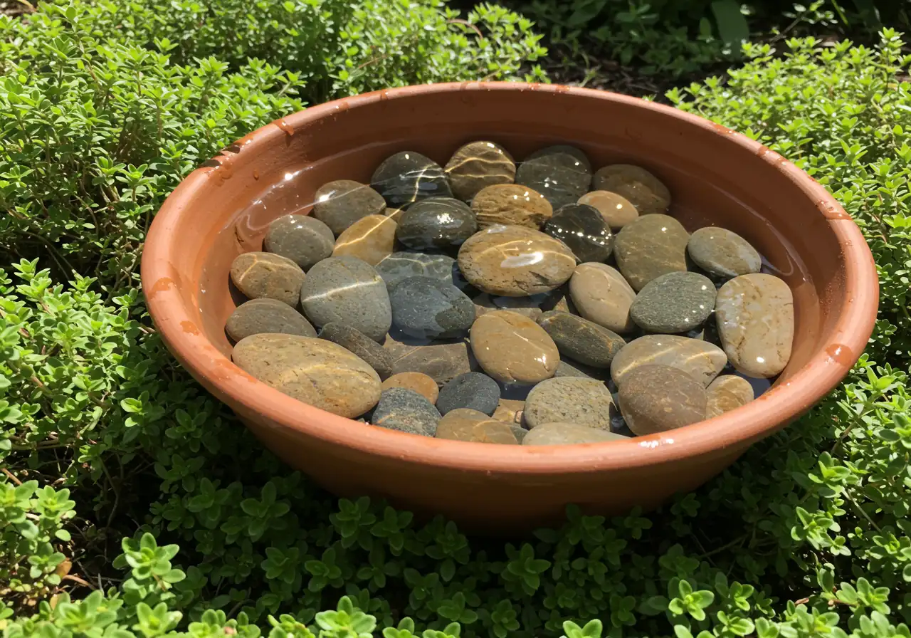 A close-up photograph illustrating the 'insect water station' concept: a shallow dish filled with pebbles and water, placed amongst low garden foliage, providing a safe drinking area for small insects.