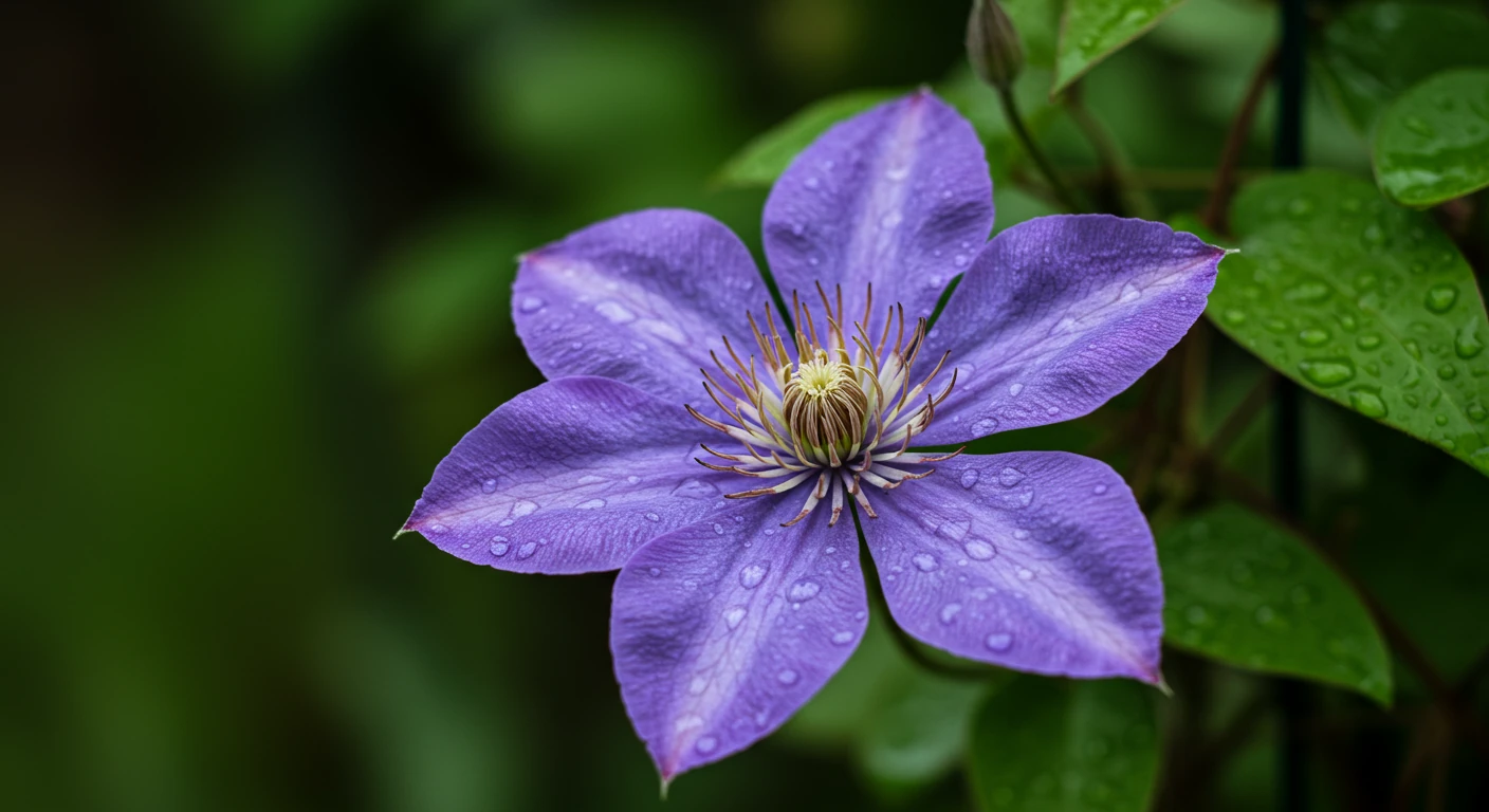 A stunning close-up photograph of a vibrant clematis flower (e.g., a deep purple 'Jackmanii' or a delicate pink 'Nelly Moser') in full bloom, showcasing its intricate details and beauty. The background should be a softly blurred garden setting, perhaps hinting at a trellis or fence the vine is climbing.