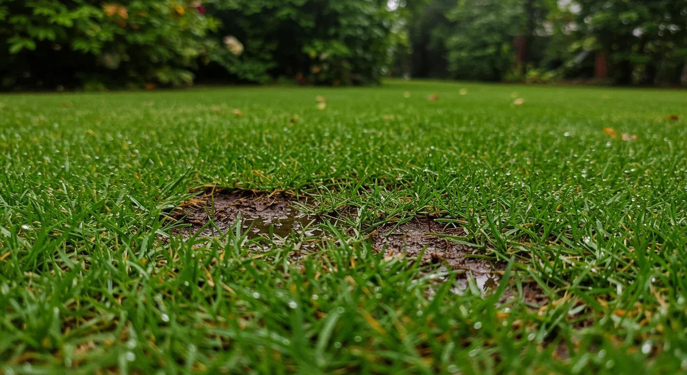 A close-up photograph focusing on a section of a residential lawn that is visibly saturated with water after a rain shower. Small puddles are apparent on the green grass surface, and the underlying soil looks dark and wet. The image highlights the problem of poor drainage in a typical suburban yard setting, with soft focus on background foliage.