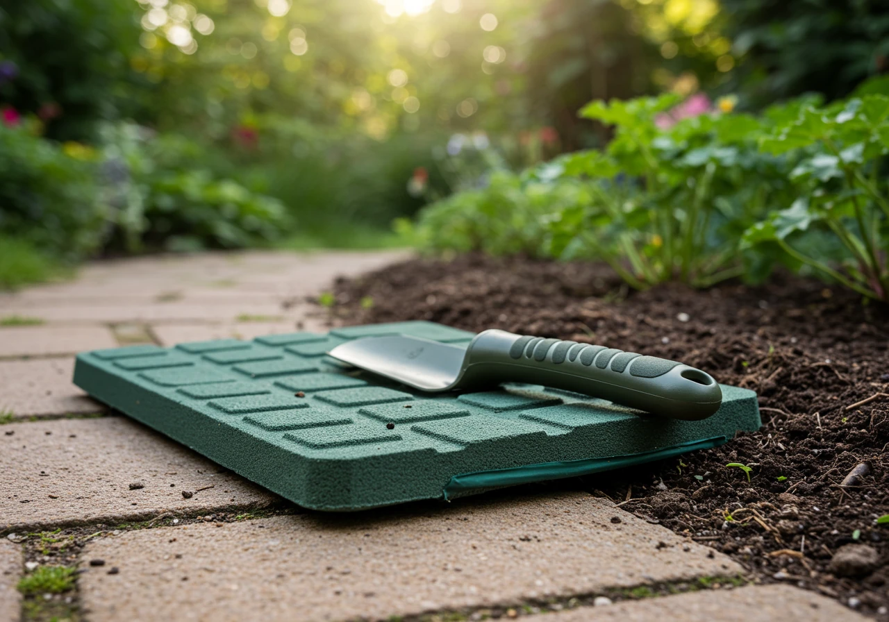 A close-up image focusing on a brightly coloured, thick foam garden kneeler placed on a neat flagstone garden path beside a prepared garden bed. Next to the kneeler, an ergonomic hand trowel with a comfortable-looking grip rests on the soil. In the background, blurry green plants suggest a garden setting. The image highlights comfort aids for planting.