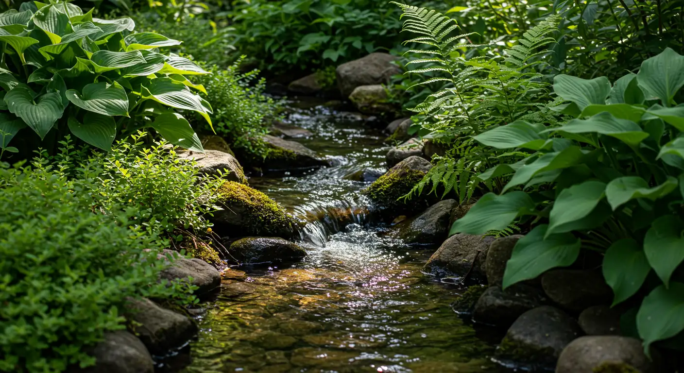 A beautiful, inviting close-up shot of a small garden stream flowing over smooth, moss-dusted river stones. Sunlight filters through overhead foliage, dappling the moving water and highlighting the lush green ferns and hostas growing along the stream bank. The focus should be on the serene movement of water and the textures of rock and plant life.
