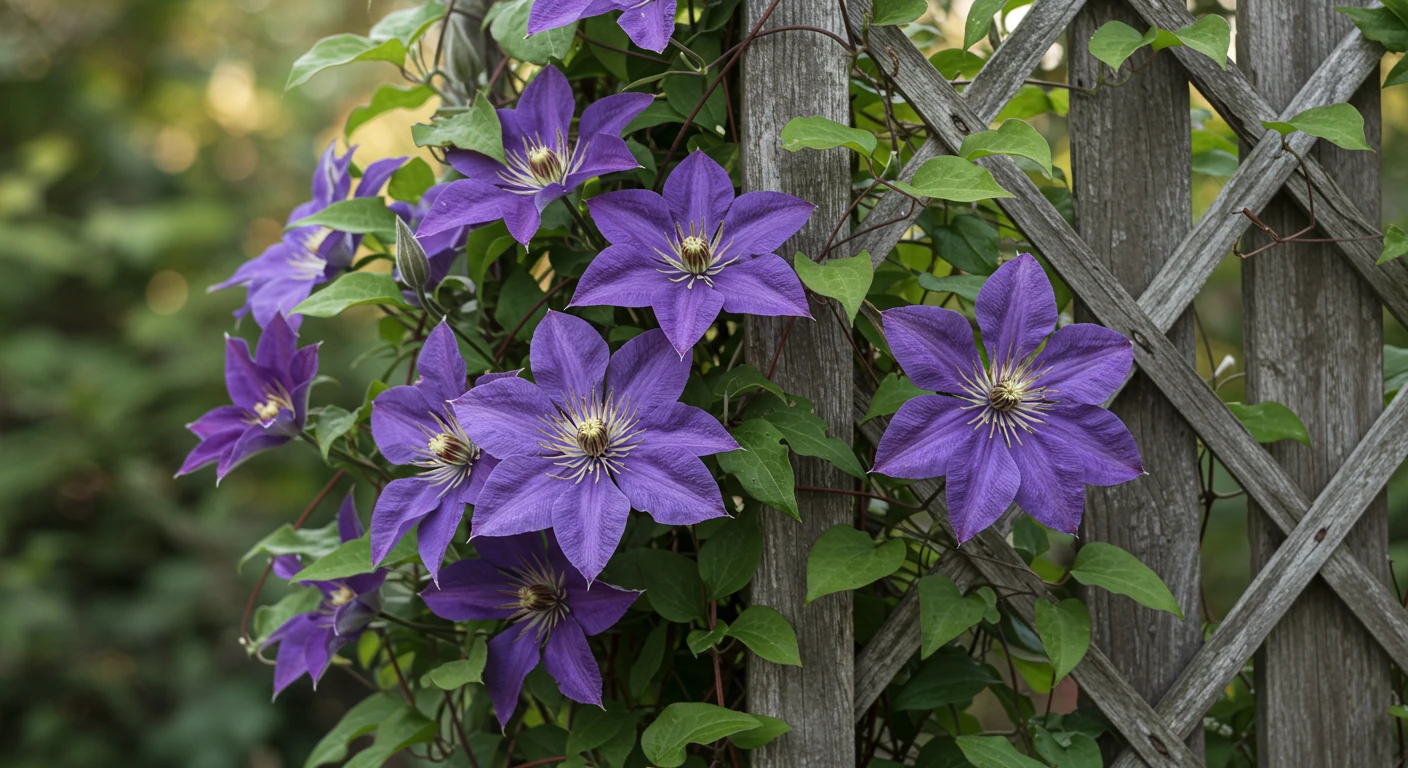A visually stunning image showcasing a mature, healthy Clematis vine covered in spectacular blooms, climbing elegantly on a garden structure like a trellis or archway. This immediately illustrates the 'Queen of the Climbers' concept and the reward for proper care.