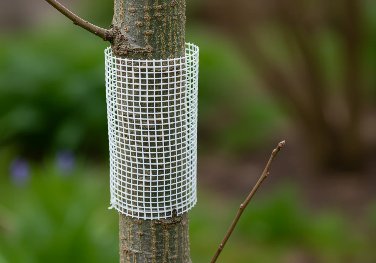 A close-up photograph of a protective tree guard installed around the base of a young sapling. The guard could be a white plastic spiral wrap or a cylinder of hardware cloth, extending about 2 feet up the trunk. It should fit snugly but with a small gap for air circulation, protecting the bark from rabbit damage.