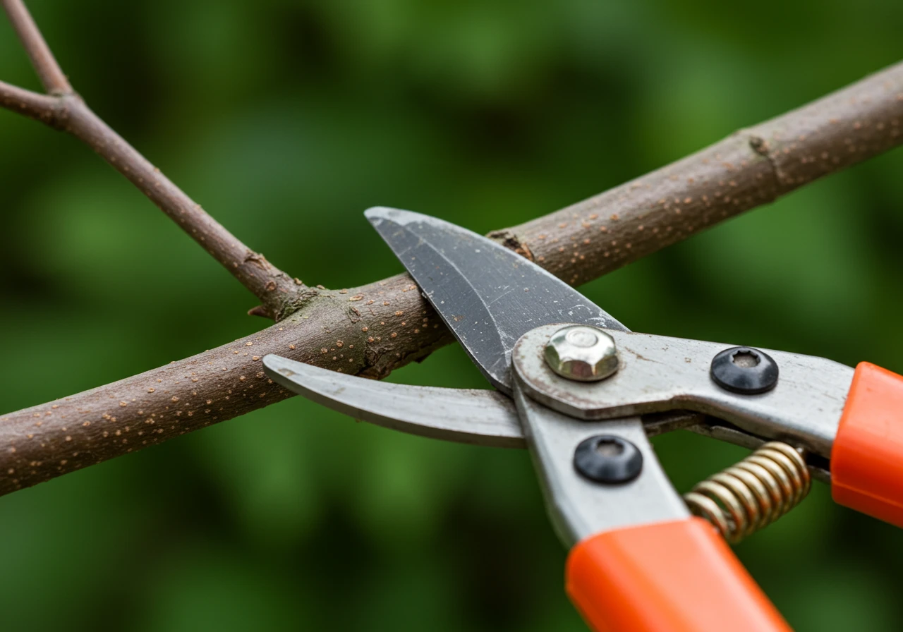 A clear, close-up photograph focusing *only* on the cutting head of a pair of bypass loppers correctly positioned on a medium-thick woody branch (e.g., lilac or maple, approx 1-inch diameter). The branch should be placed deep within the jaws, near the pivot point (the 'sweet spot'), demonstrating the optimal cutting position. No hands visible, focus is purely on tool placement on the branch.