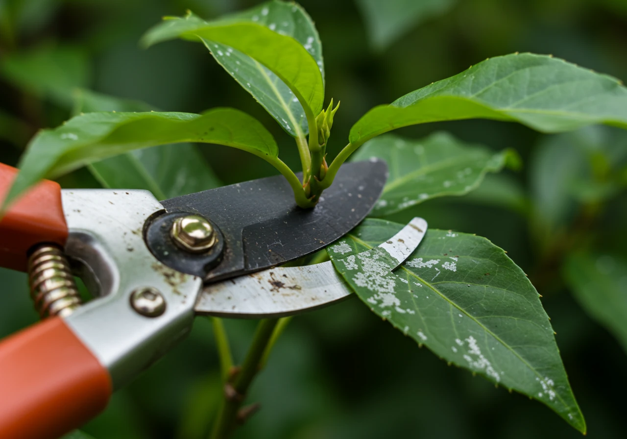 A clear visual demonstrating the 'snip' method. The image should show clean garden pruners positioned to cut off a single leaf exhibiting obvious leaf miner trails from the stem of a plant. Focus on the tool and the affected leaf against a backdrop of other healthy green foliage. No hands should be visible.