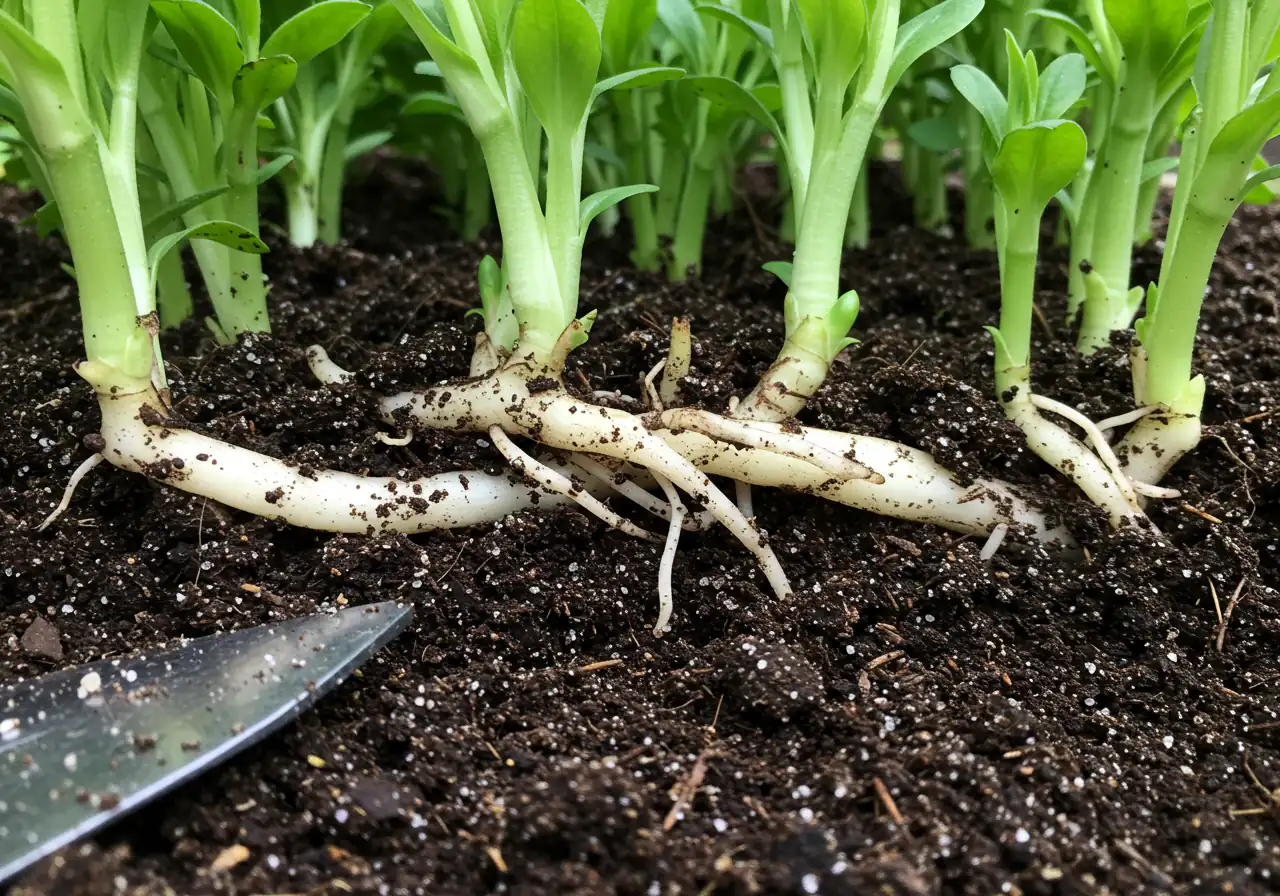 An eye-level shot looking into disturbed garden soil, clearly showing several exposed, thick, white, fleshy rhizomes (underground runners) of Gooseneck Loosestrife snaking through the dark soil. A small garden trowel could be partially visible nearby for scale, but no hands.