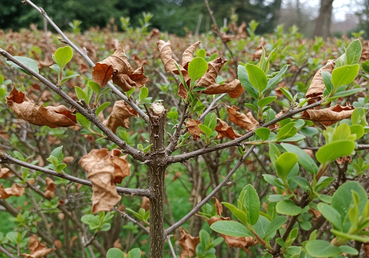 A close-up, detailed photograph focusing on a struggling shrub exhibiting significant dieback. Approximately half of the branches are visibly brown, leafless, and brittle, contrasting sharply with the few remaining green, possibly stressed, leaves. The background shows blurred, generic garden greenery, emphasizing the poor health of the main subject plant. The lighting is natural daylight.