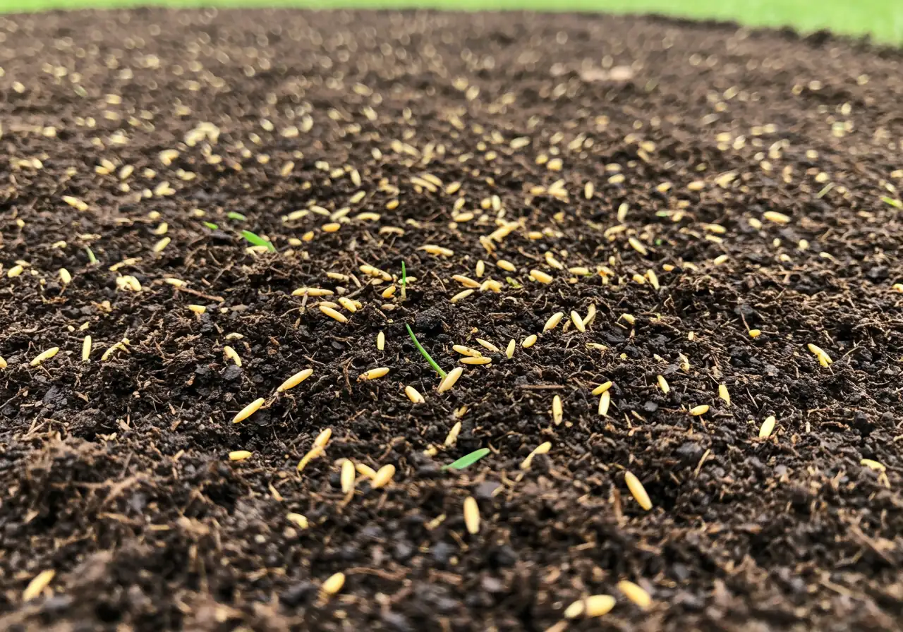 A close-up view demonstrating good seed-to-soil contact after overseeding on prepared clay soil. Show grass seeds scattered evenly, resting within aeration holes and amongst a thin layer of compost or top dressing.