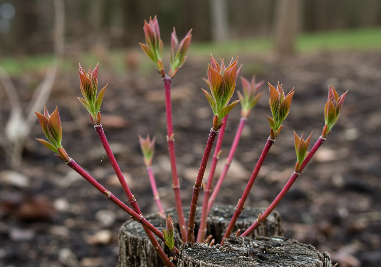 A close-up photograph highlighting the primary benefit of coppicing for stem colour. Shows intensely vibrant red Dogwood stems emerging vigorously from the cut stumps in early spring, emphasizing the fresh, colourful new growth resulting from the technique.