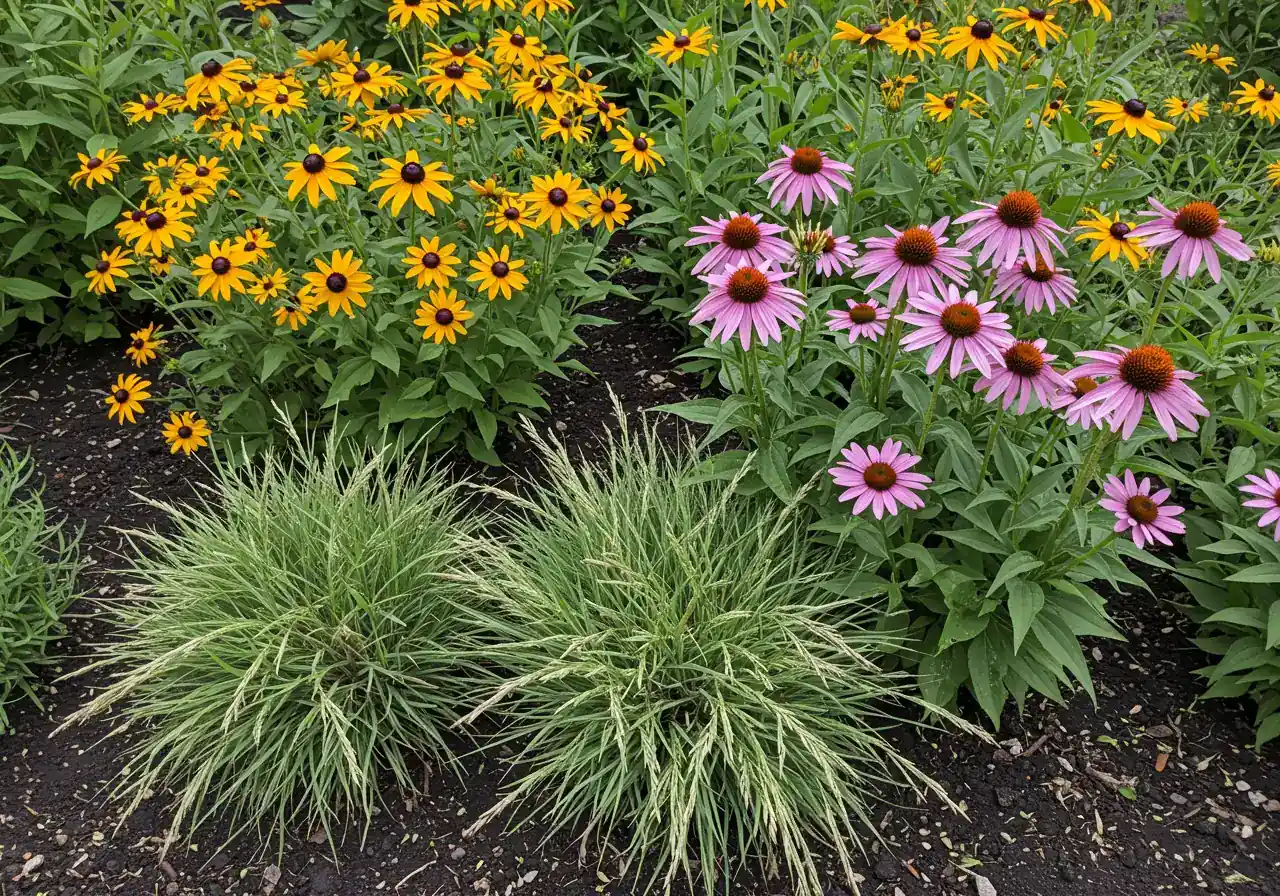 A close-up photograph displaying a grouping of the specific types of plants recommended for a beetle bank. It should feature clumps of native perennial bunch grasses (e.g., Little Bluestem or Prairie Dropseed) side-by-side with native wildflowers (e.g., Purple Coneflower or Black-Eyed Susan) in bloom. The image needs to showcase the textures and forms of these plants, illustrating the combination of dense grasses for shelter and flowers for attracting pollinators and beneficials. Shot in natural light against a soil background.