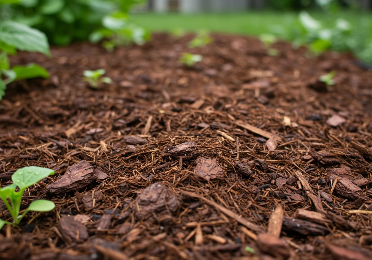 A close-up shot focusing on a layer of natural shredded bark mulch covering the soil around the base of a few small, healthy drought-tolerant plants (like small hostas or thyme). The mulch looks fresh and is evenly spread, about 2-3 inches deep. A few water droplets might be visible on the mulch or plant leaves, suggesting recent efficient watering or morning dew, highlighting moisture conservation.