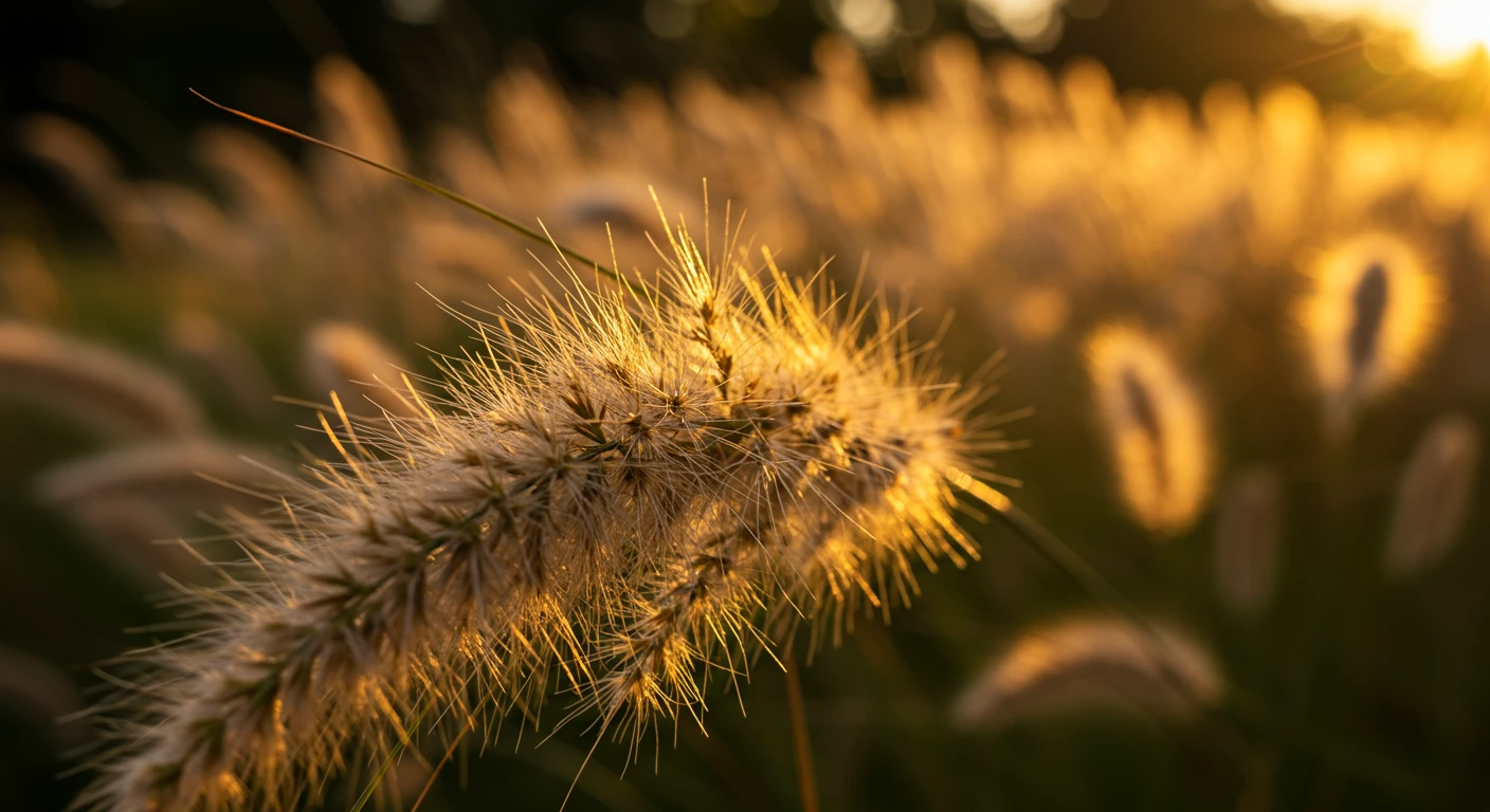 A close-up photograph focusing on the feathery plumes of ornamental grasses (like Feather Reed Grass or Miscanthus) backlit by the warm, golden light of late afternoon sun in autumn. The image should capture the texture and delicate structure of the plumes, with a softly blurred garden background suggesting a residential setting. Emphasis on the beauty and texture mentioned in the intro.