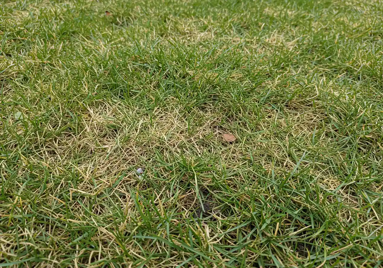 Close-up photograph of a lawn in early spring showing distinct patches of dead, brown, matted grass contrasted sharply against areas where new green grass shoots are just beginning to emerge. The image highlights the uneven texture and color indicative of potential winter damage or pest activity like voles or grubs.